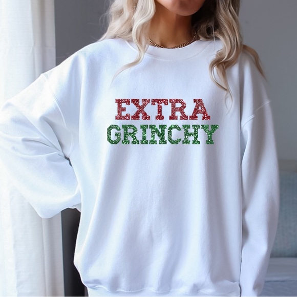 Extra Grinchy Holiday Christmas Sweater Crewneck White Unisex Sizes NWT - Picture 2 of 3